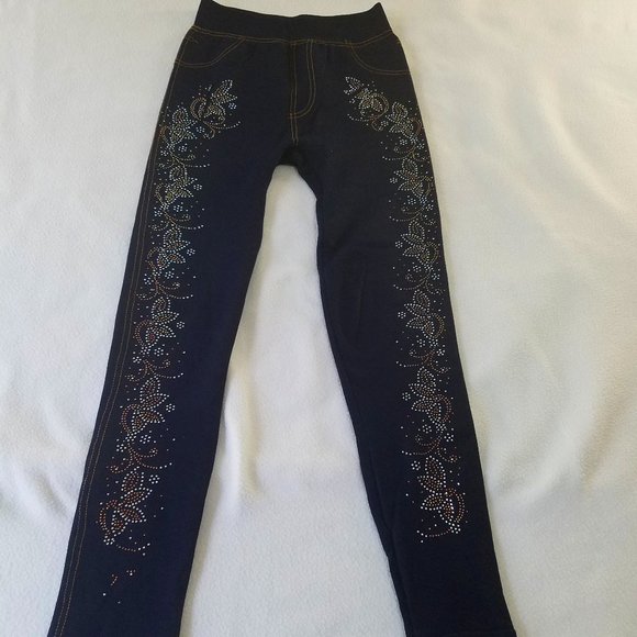 Blue and Golden Sequins Beaded Size Women Small Navy Blue Leggings NWOT - Picture 1 of 7
